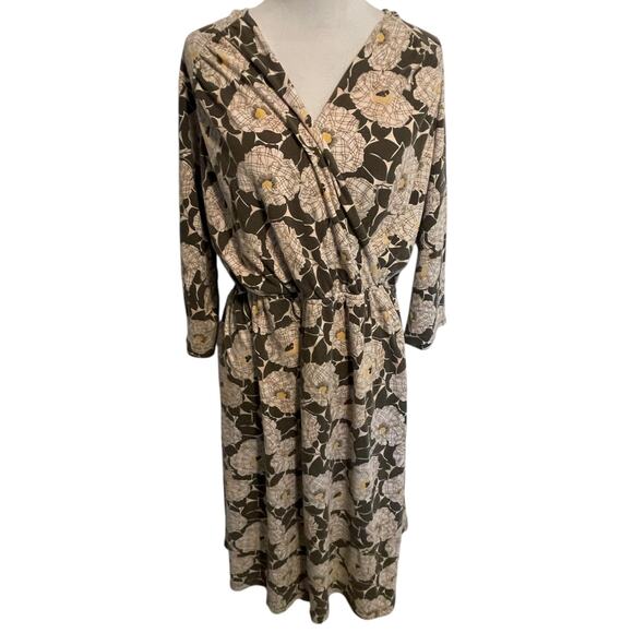 Lands' End Faux Wrap Dress Womens Size 2X Olive Floral Casual Knit *NO BELT - Picture 2 of 12